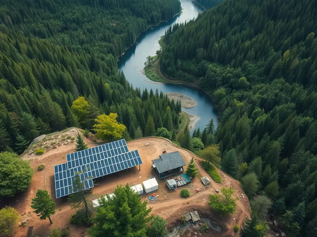 A remote off-grid location with a hybrid inverter and lithium-ion battery setup, providing a reliable power source for a small community.