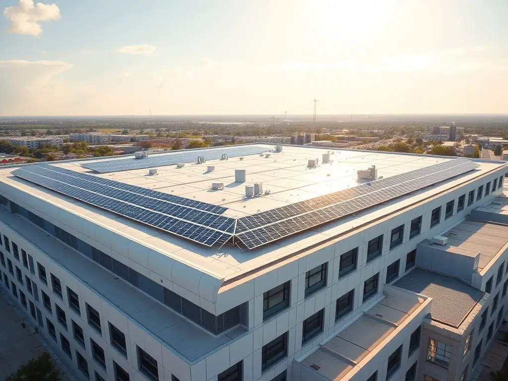 A large commercial building with bifacial solar panels installed on the rooftop, capturing sunlight from both sides to maximize energy production.