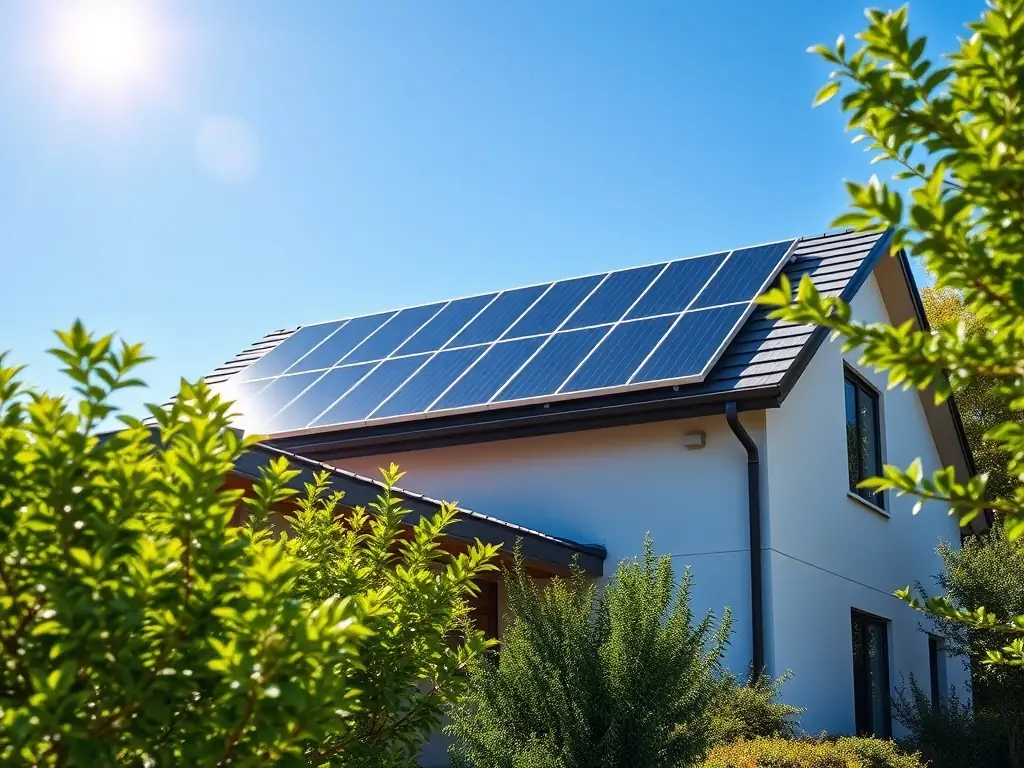 A modern home with high-efficiency monocrystalline solar panels installed on the roof, seamlessly integrated into the architecture, showcasing a residential solar energy solution.