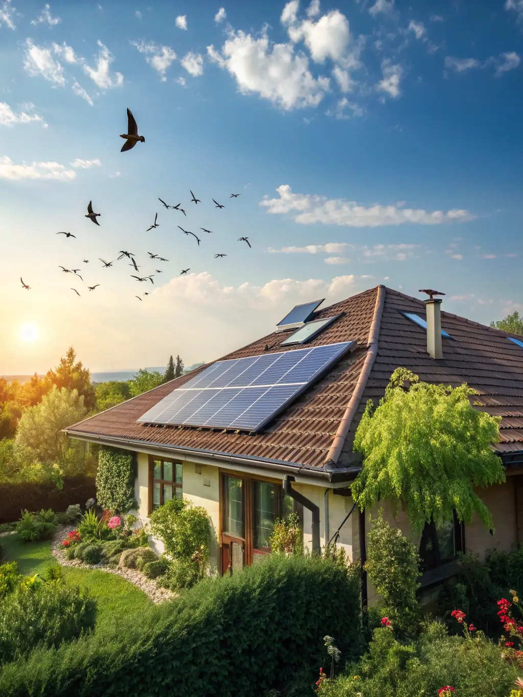 A lush green field with solar panels in the background, illustrating the environmental benefits of solar energy and its role in reducing carbon emissions.