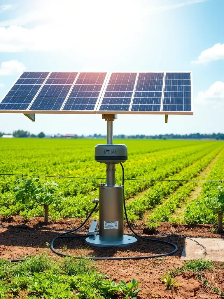 An image showcasing a surface solar water pump installed on a farm, with visible solar panels and irrigation system, under a sunny sky.