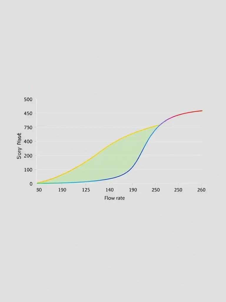 A detailed graphic illustrating the flow rate of a solar water pump at different solar irradiance levels, demonstrating its performance under varying sunlight conditions.