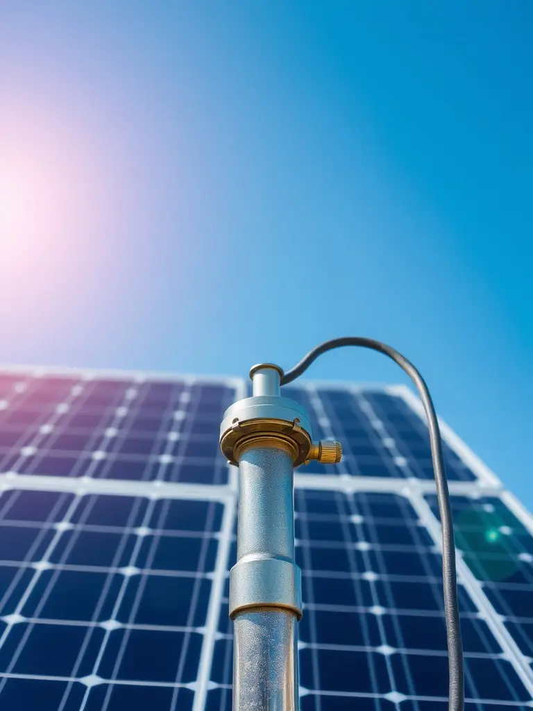 A high-resolution image of a solar panel array powering a water pump, emphasizing the panel's efficiency and durability in a rural setting.