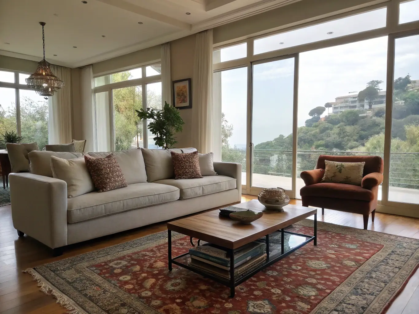 A modern living room with smart lighting adjusting automatically to the time of day, showcasing energy efficiency.