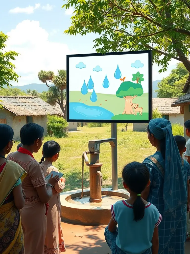 A vibrant image showcasing a solar water pump providing clean water to a rural community in Ghana, with lush greenery in the background, emphasizing sustainability.