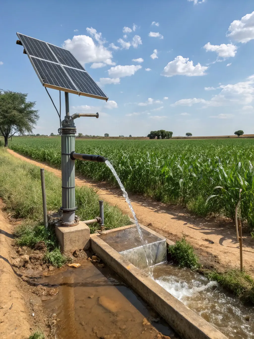 A photo of a solar water pump irrigating a farm in Accra, demonstrating efficient water usage and crop growth, highlighting the benefits for agricultural productivity.