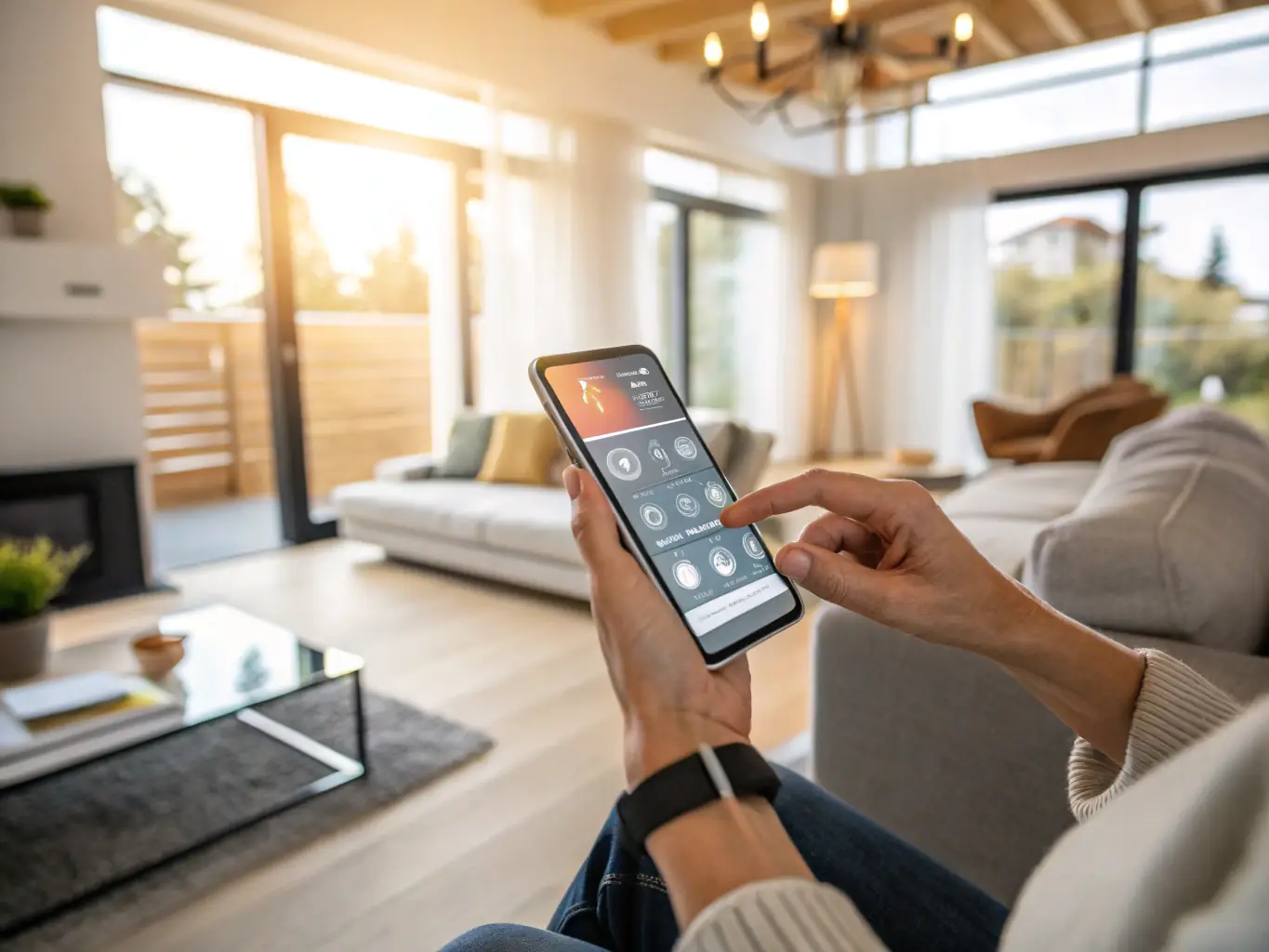 A person controlling various home appliances through a smartphone app, illustrating the convenience of smart home automation.